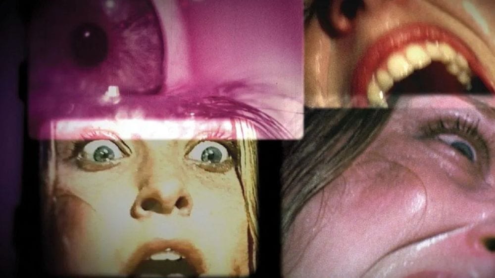 A collage of a woman's screaming face.