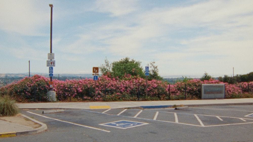 A rest stop parking lot.